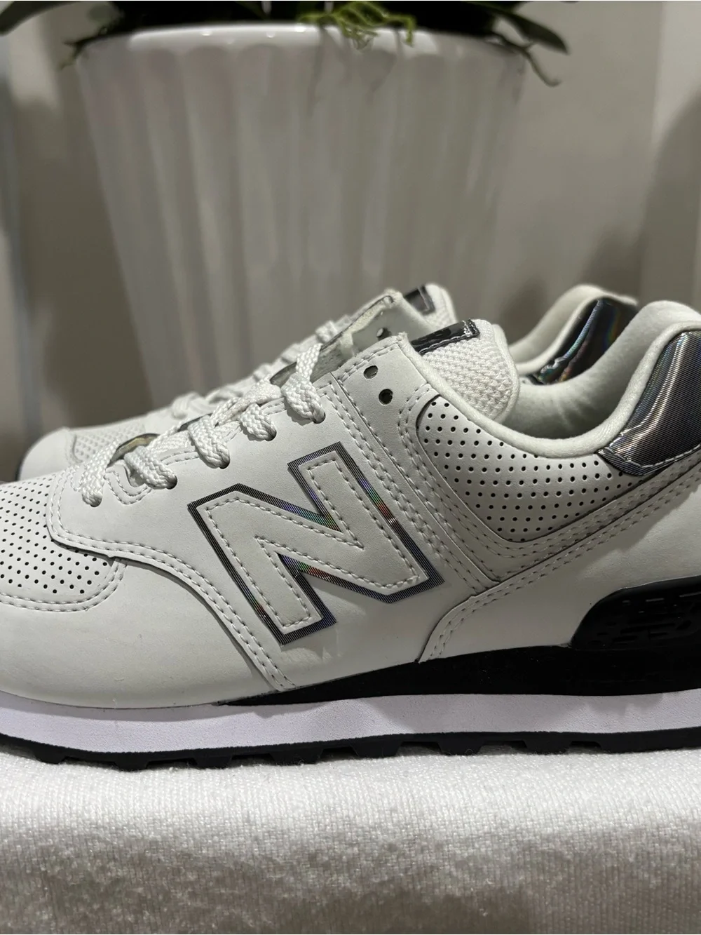New Balance 574 Women’s White Sneakers in Light Gray and Black Accents